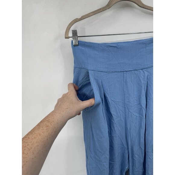 Free People Pleated Wide Leg Flowy Pants Women 8 Blue Preppy Feminine High Rise - Picture 8 of 8